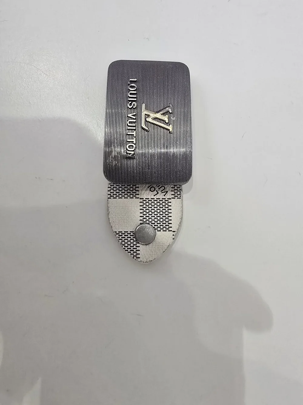 LV Silver-Tone Engraved Metal Belt Buckle.